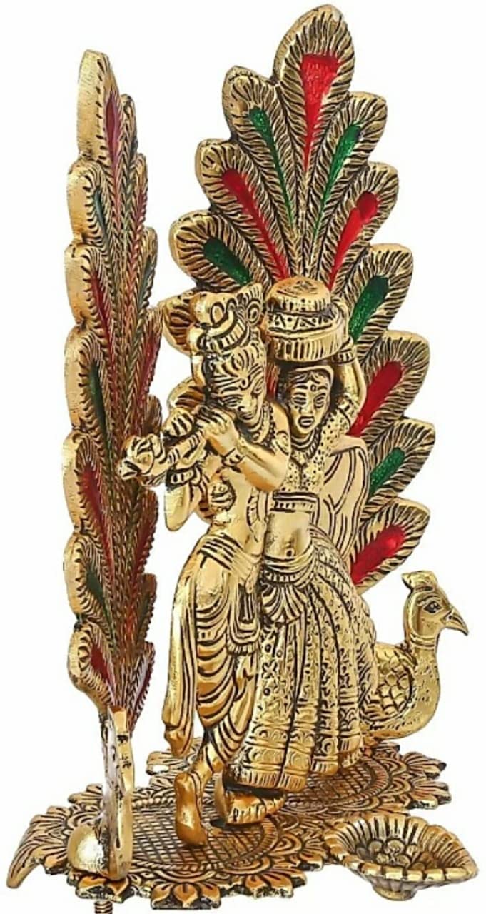LABHCART Metal Radha Krishna Idol Statue with Diya Peacock Design Decorative Showpiece (Metal, Gold)